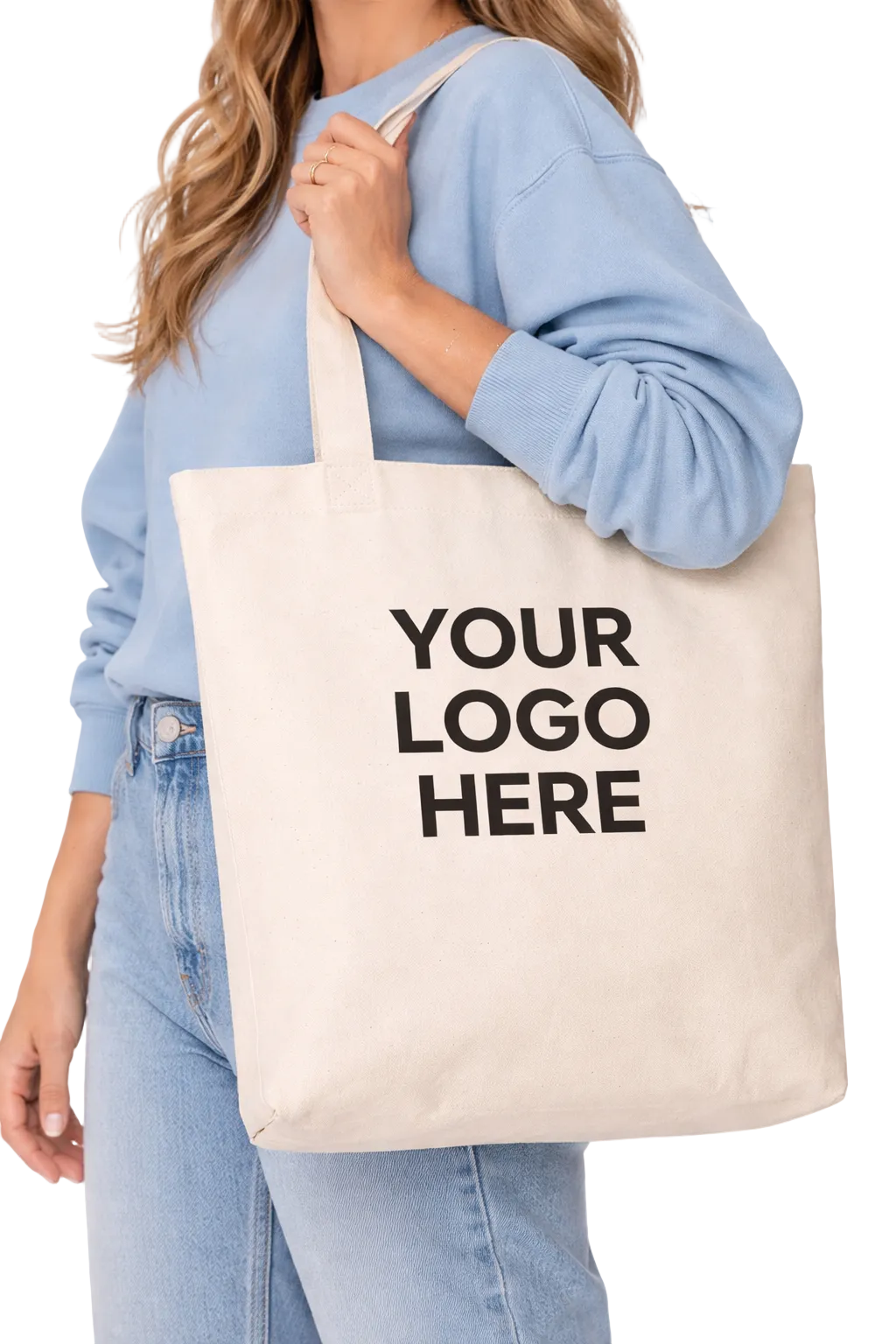 Person holding a tote bag with 'Your Logo Here' text